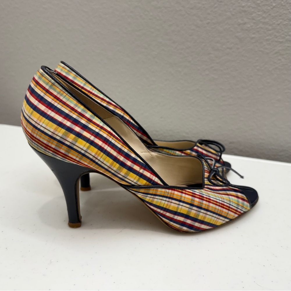 Plaid Multicolor Fabric Pump with Navy Trim